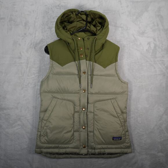 Patagonia Bivy Womens Size Small Down Vest Hooded Olive Green Hooded Snap - Picture 1 of 16